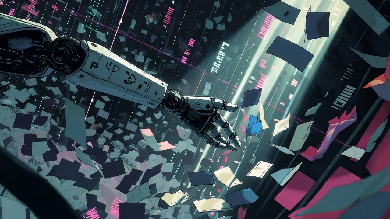 A robotic arm filtering chaotic digital fragments in a high-contrast Gekiga style visualization.