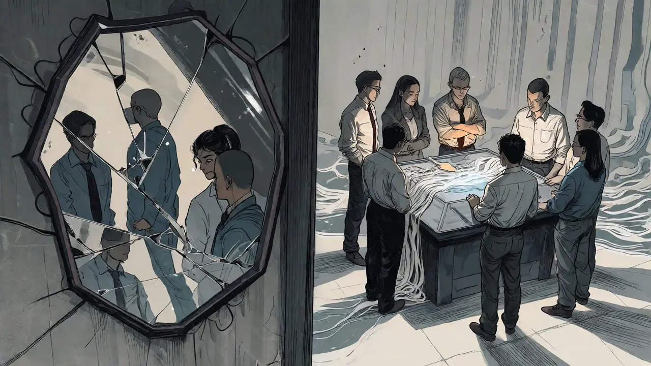 A team analyzing data streams near a broken mirror in a serious Gekiga style illustration.