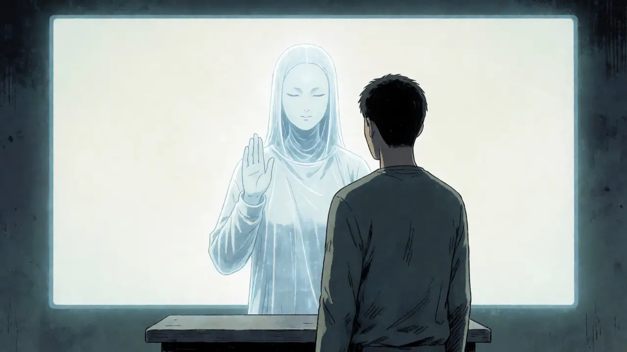 AI gesturing polite refusal to a user in Gekiga style