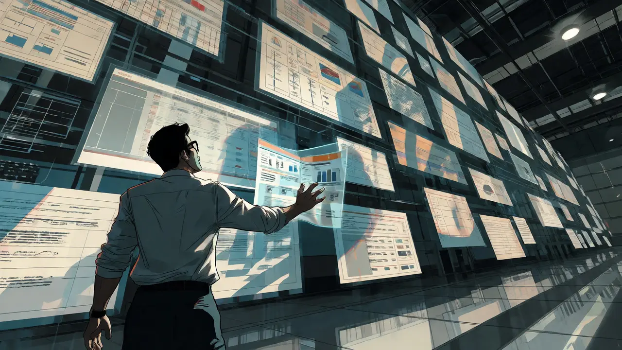 Analyst interacting with glitchy holographic projections of data and charts.