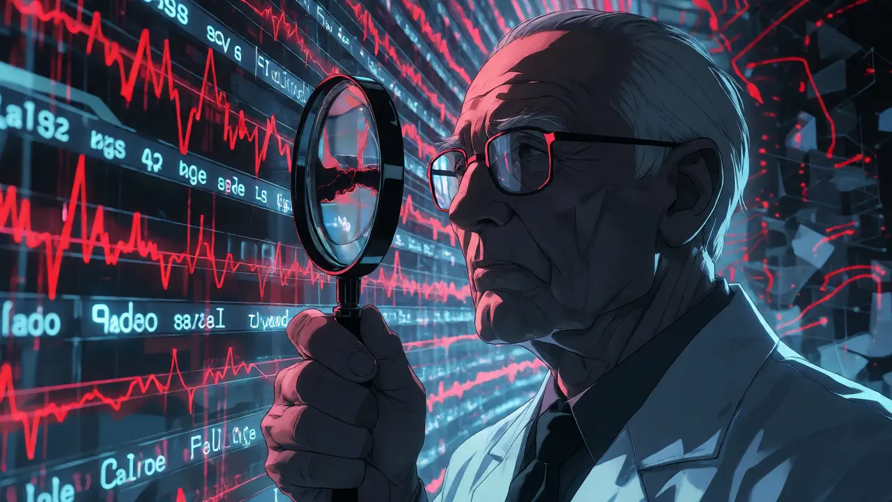 Architect inspecting synthetic data streams for hidden bugs and vulnerabilities.