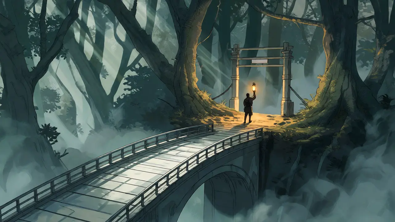 Bridge leading into misty forest representing hybrid workflow