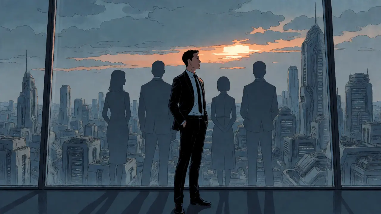 CEO looking out at cityscape contemplating AI future leadership