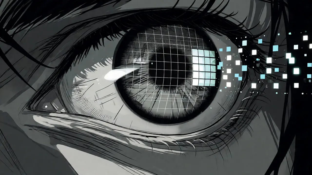 Close-up of an eye reflecting a digital grid slicing an image into patches.
