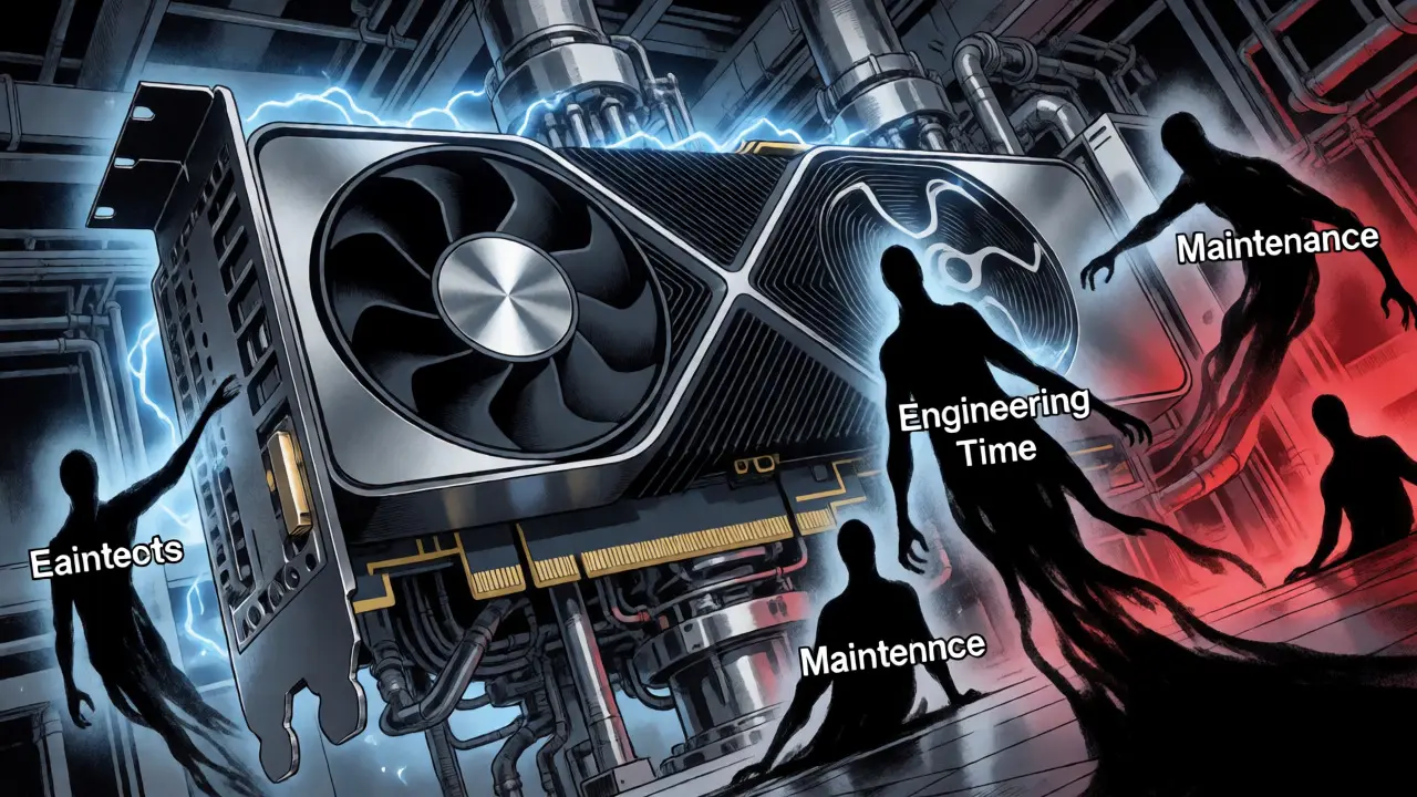 Colossal GPU surrounded by shadowy figures representing hidden engineering costs.