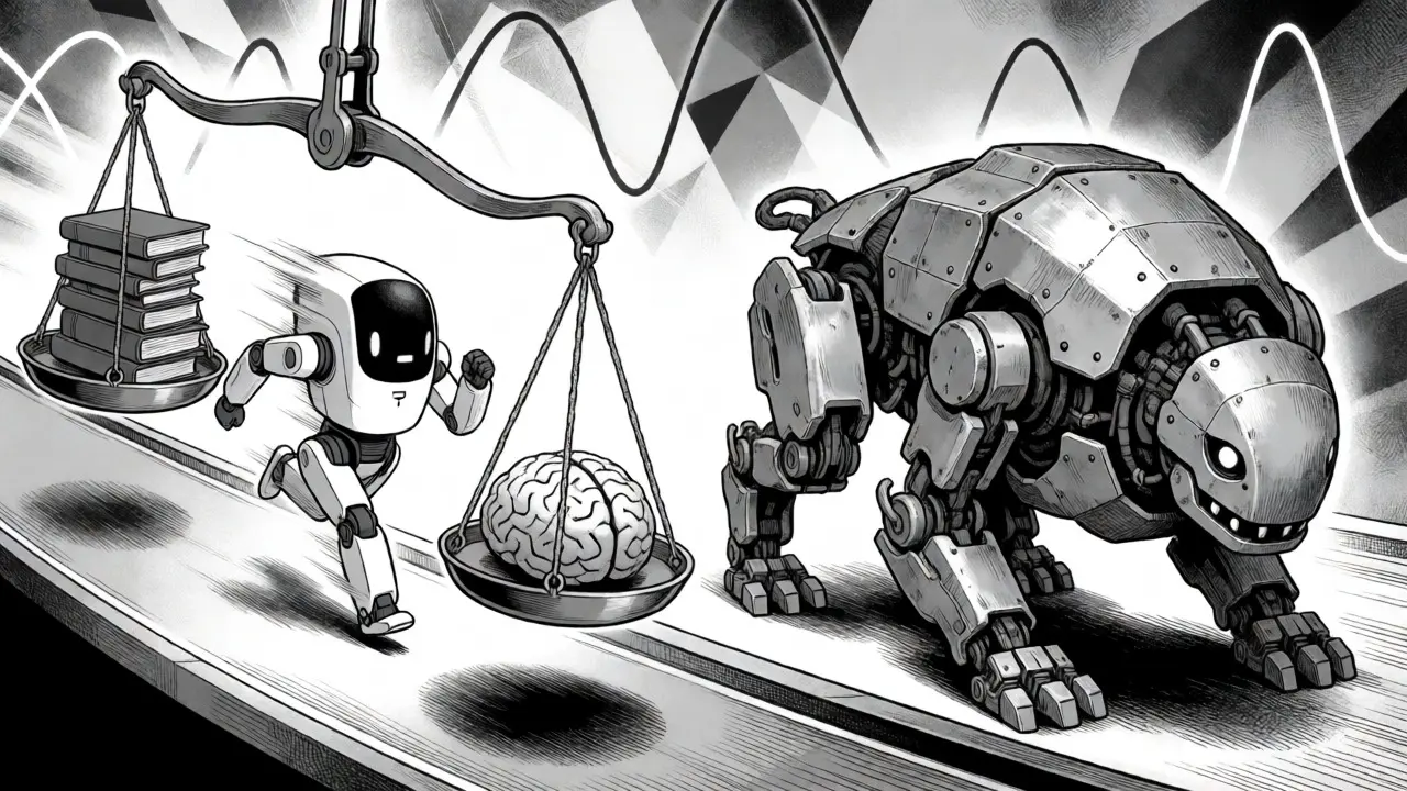 Compact robot balancing data and parameters versus a bloated model struggling in motion.
