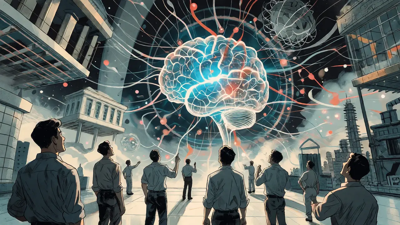 Complex network connecting buildings to a central digital brain in a futuristic landscape.