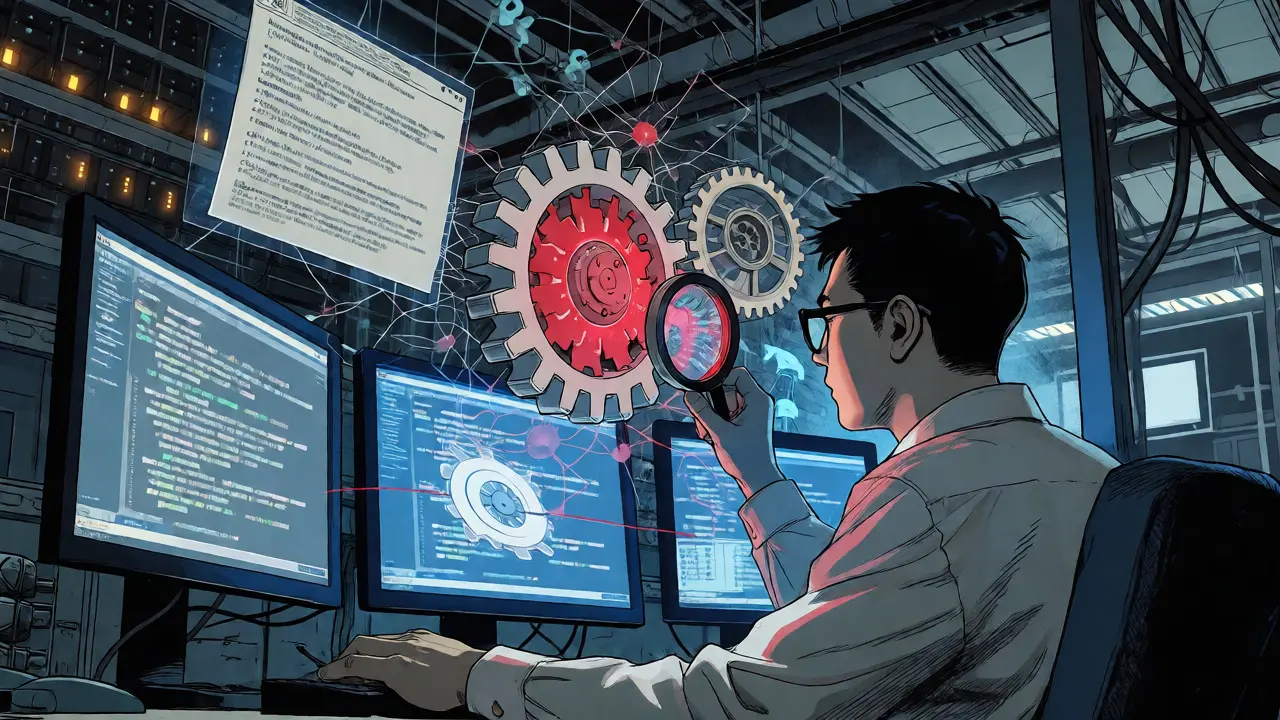 Developer inspecting AI code gears in secure server room