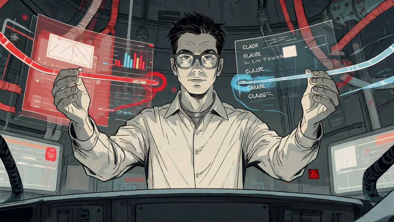 Developer orchestrating multiple AI models in a futuristic control room