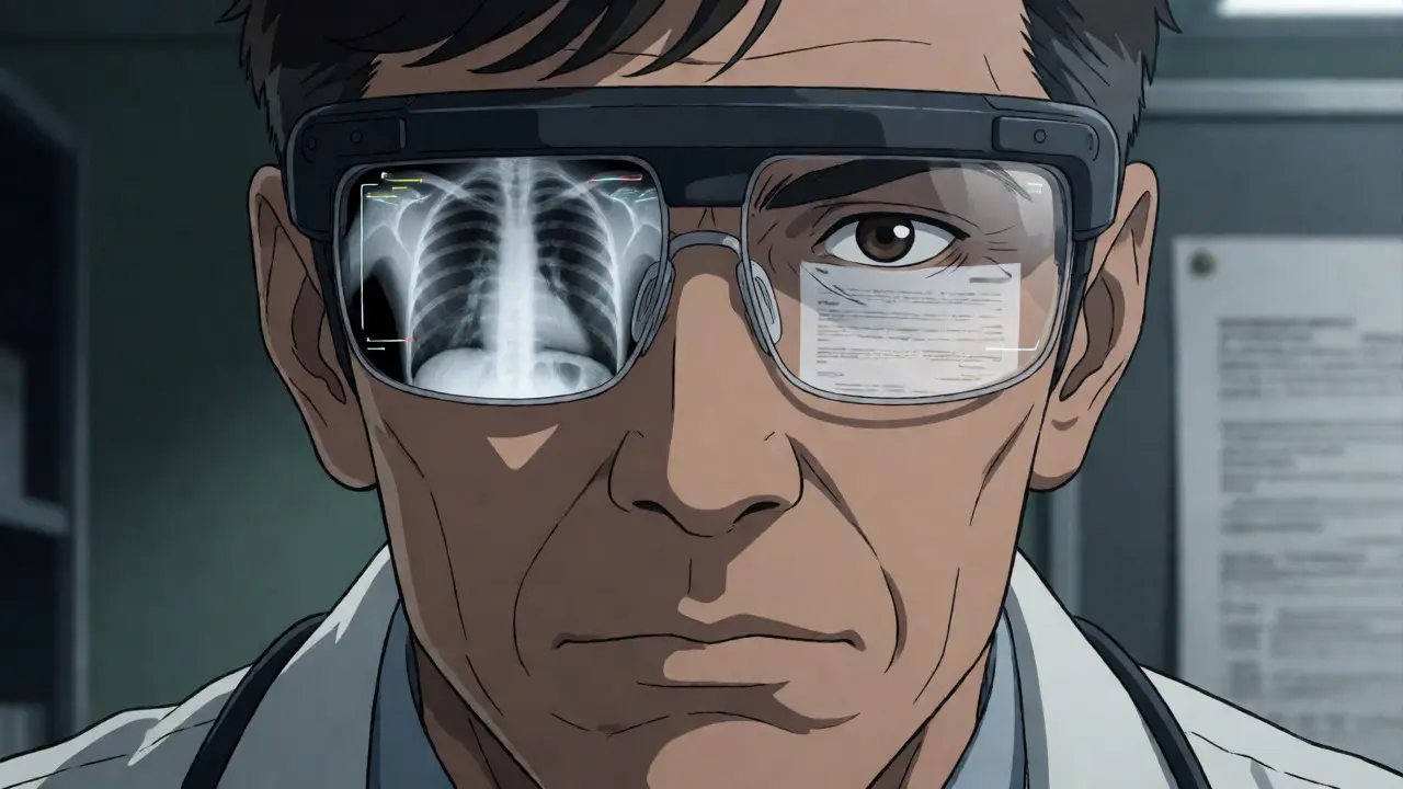 Doctor viewing X-ray overlays through AR glasses in Gekiga style
