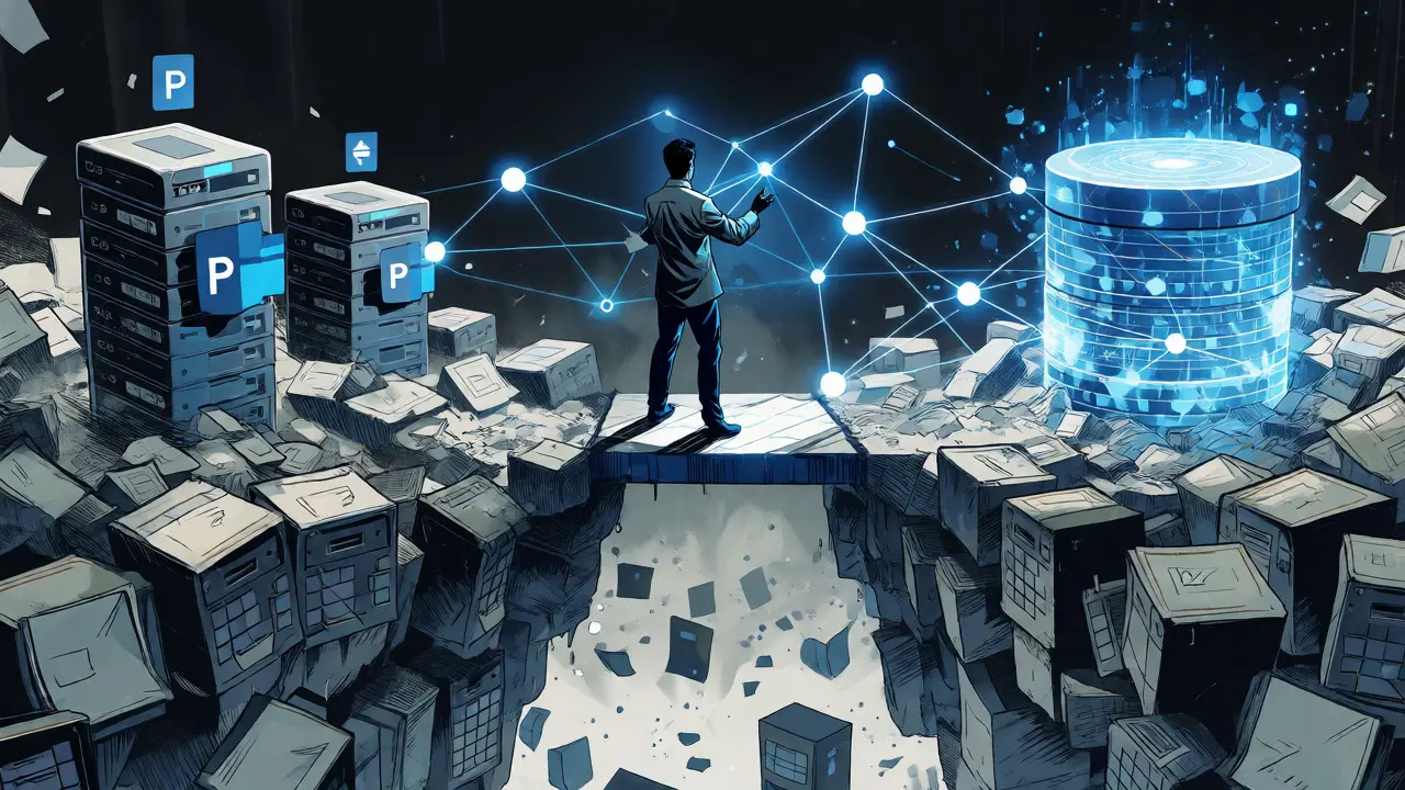 Engineer connecting glowing vector nodes bridging data silos
