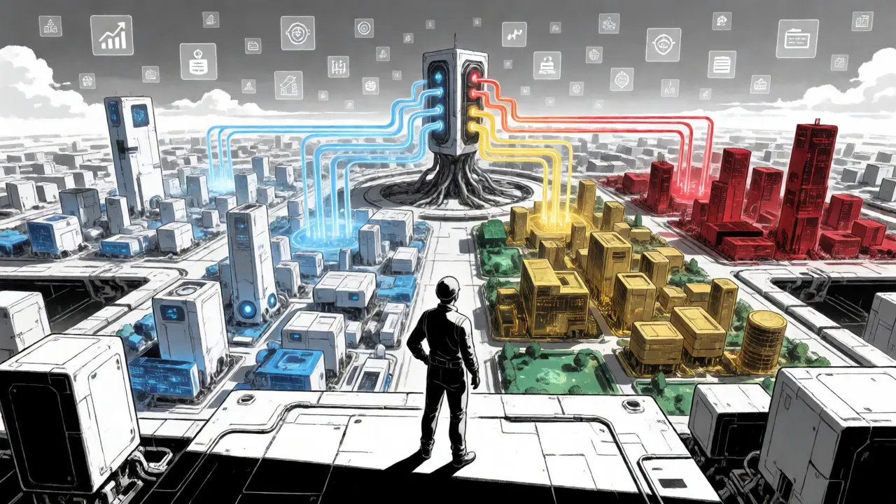 Engineer viewing specialized AI districts in a futuristic Gekiga landscape