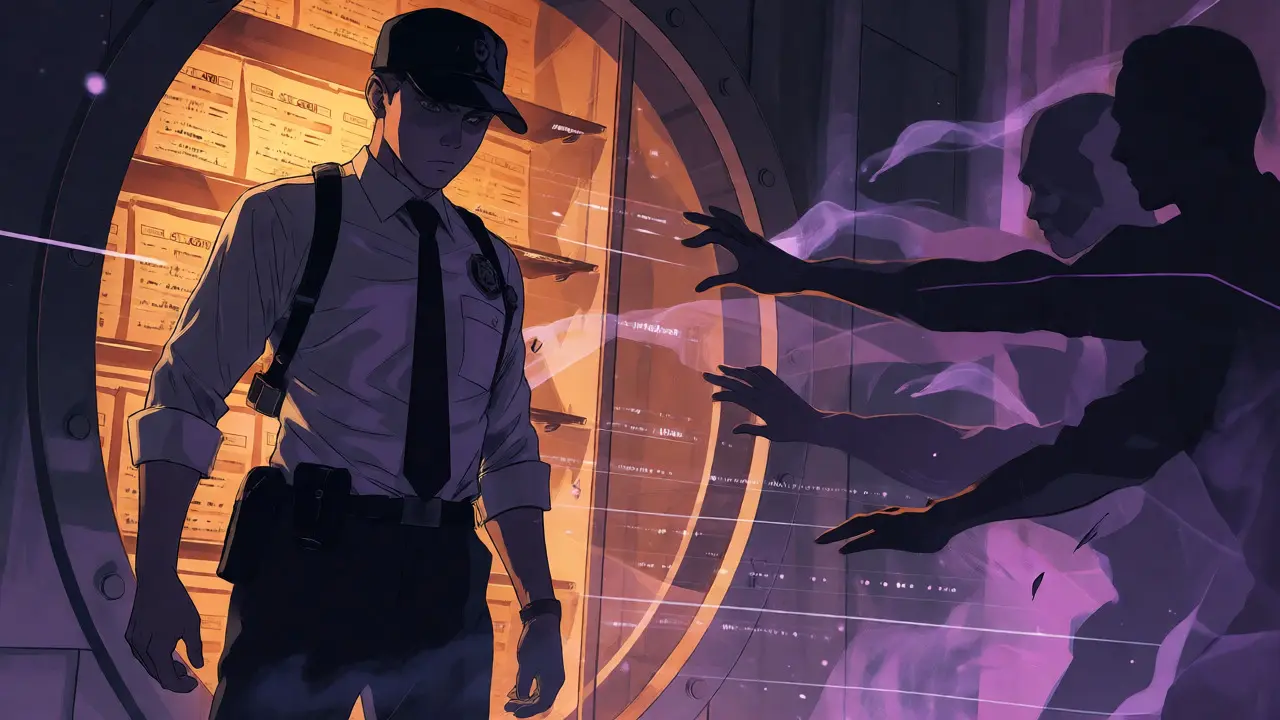 Guardian protecting sensitive data vault from shadowy threats