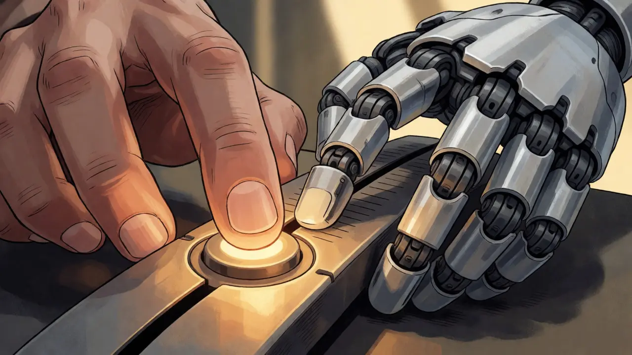 Human hand adjusting controls on a responsive robotic arm