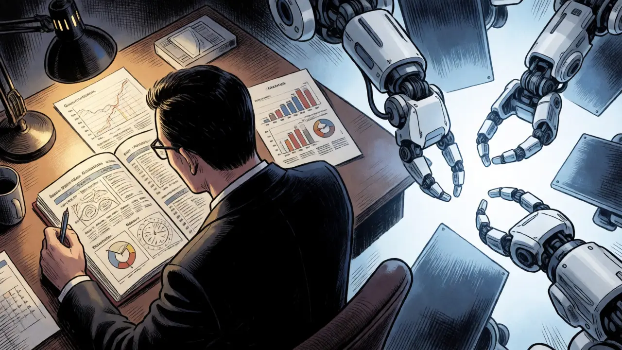 Leader studying AI strategies alongside autonomous agent visuals