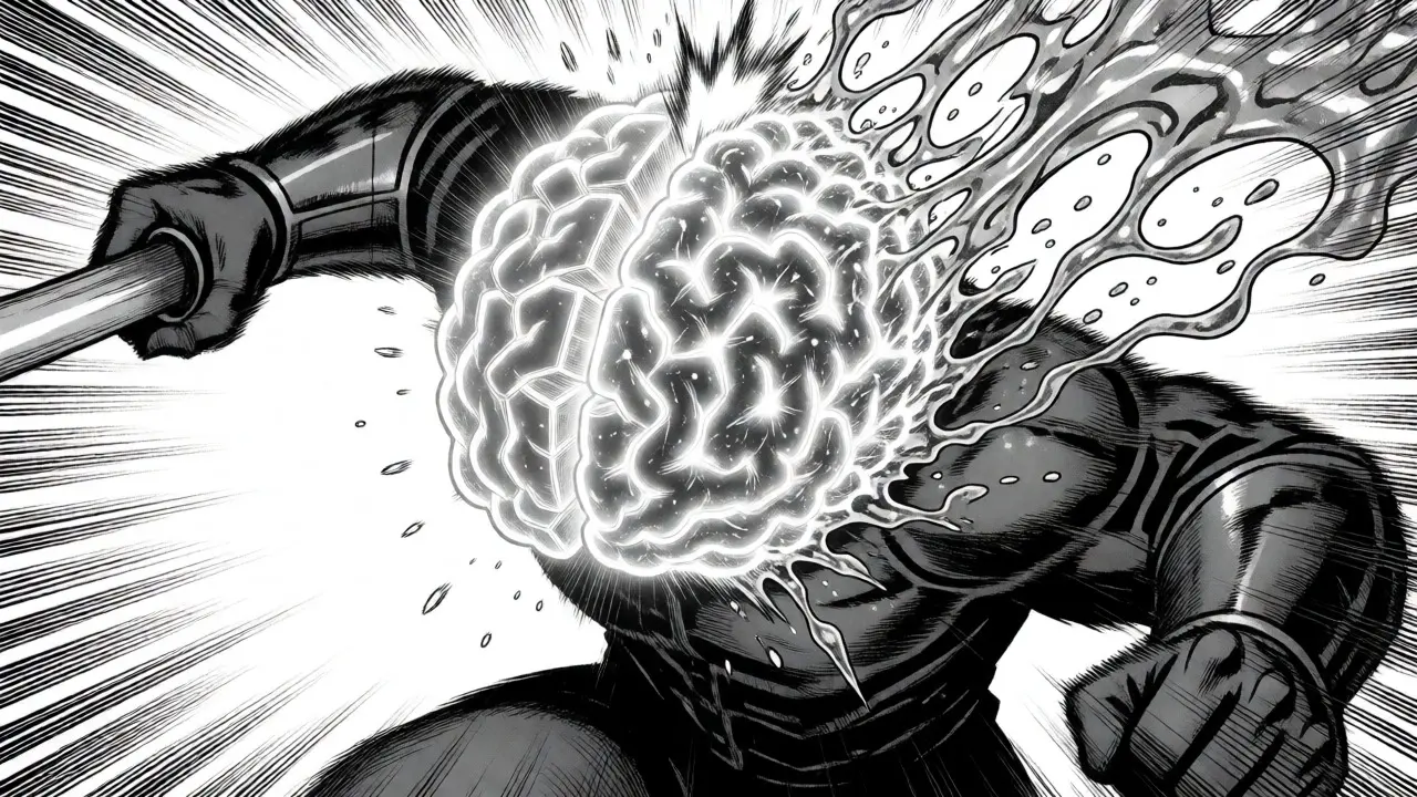 Neural network splitting into rigid and fluid halves amidst battle effects.