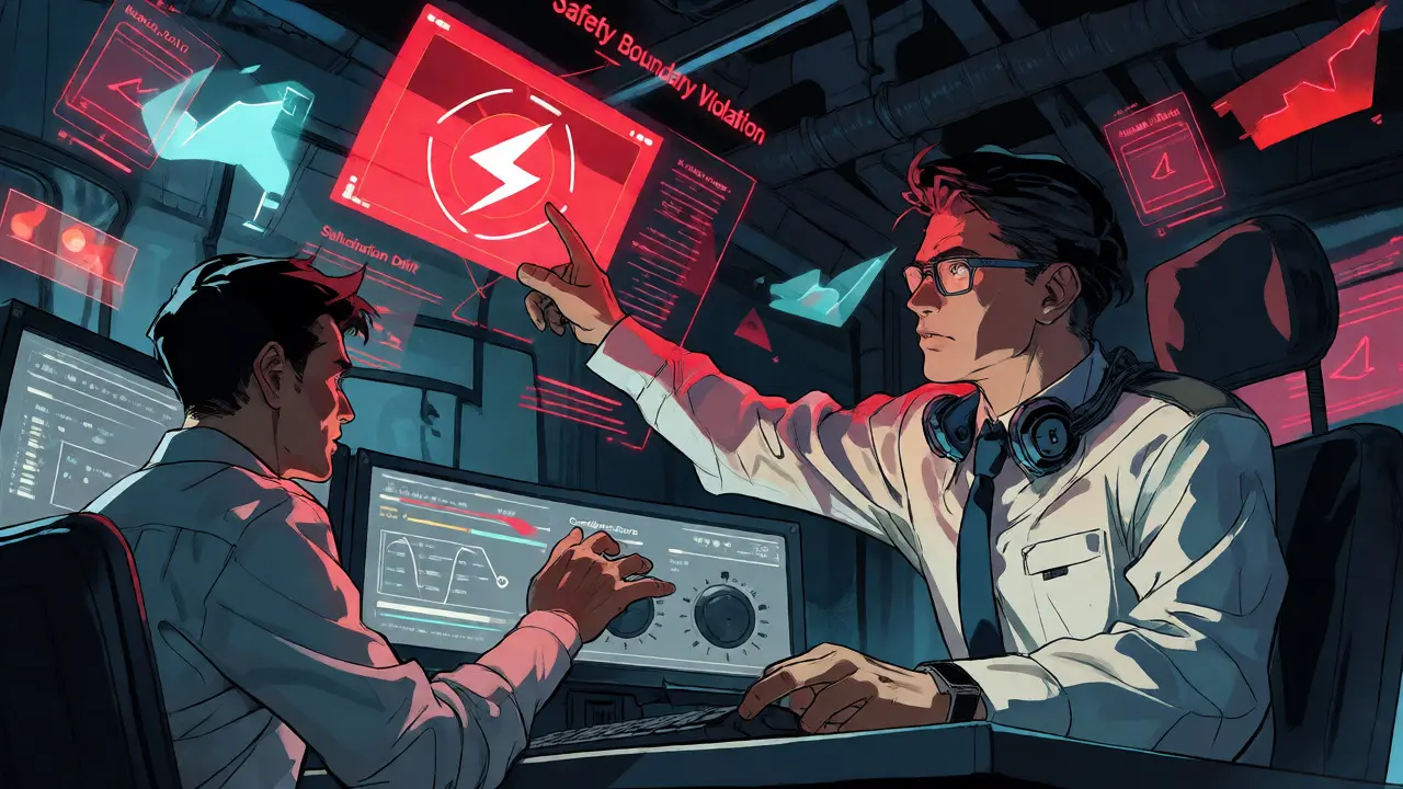 Security operators monitoring LLM safety violations and confidence scores in a control room.