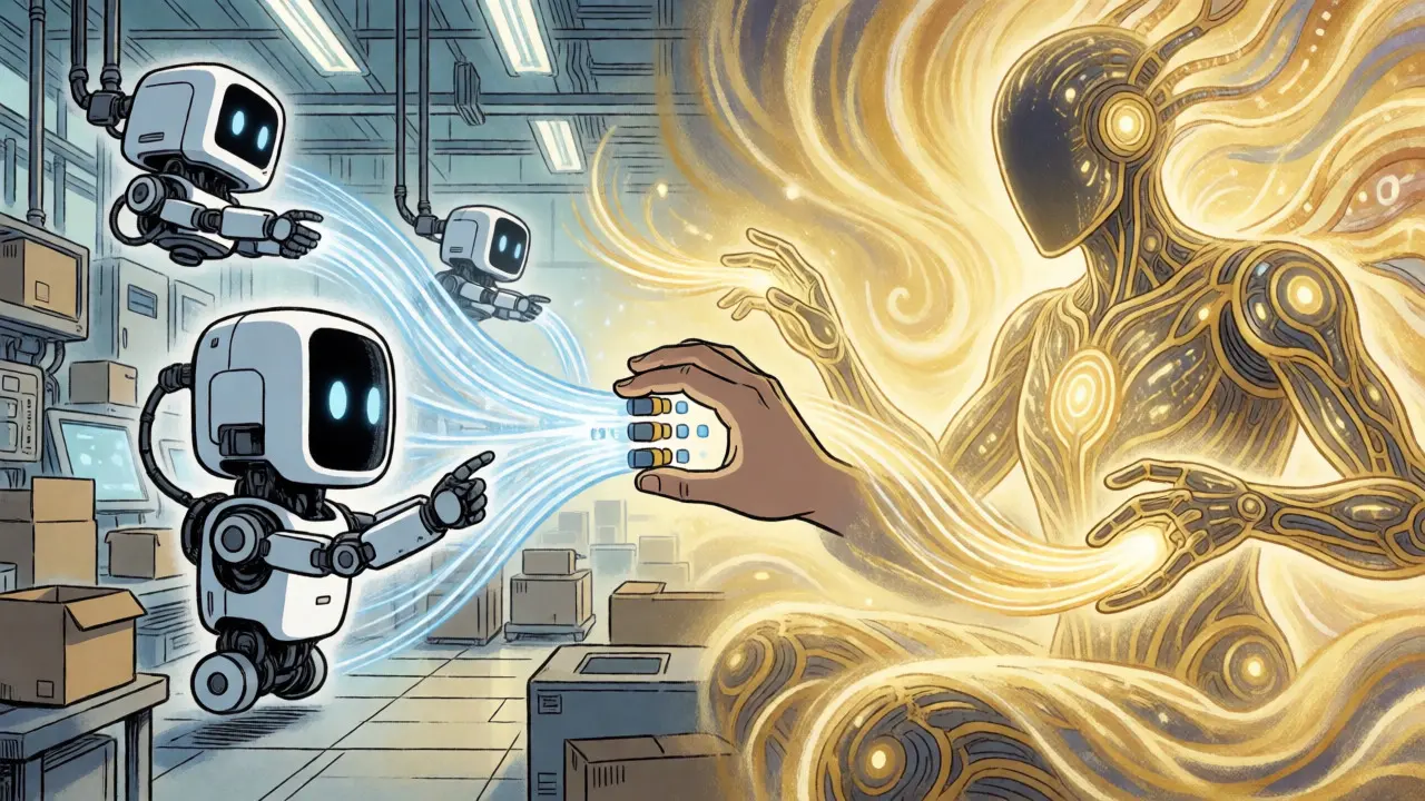 Split scene showing small robots handling simple tasks and large AI handling complex ones.
