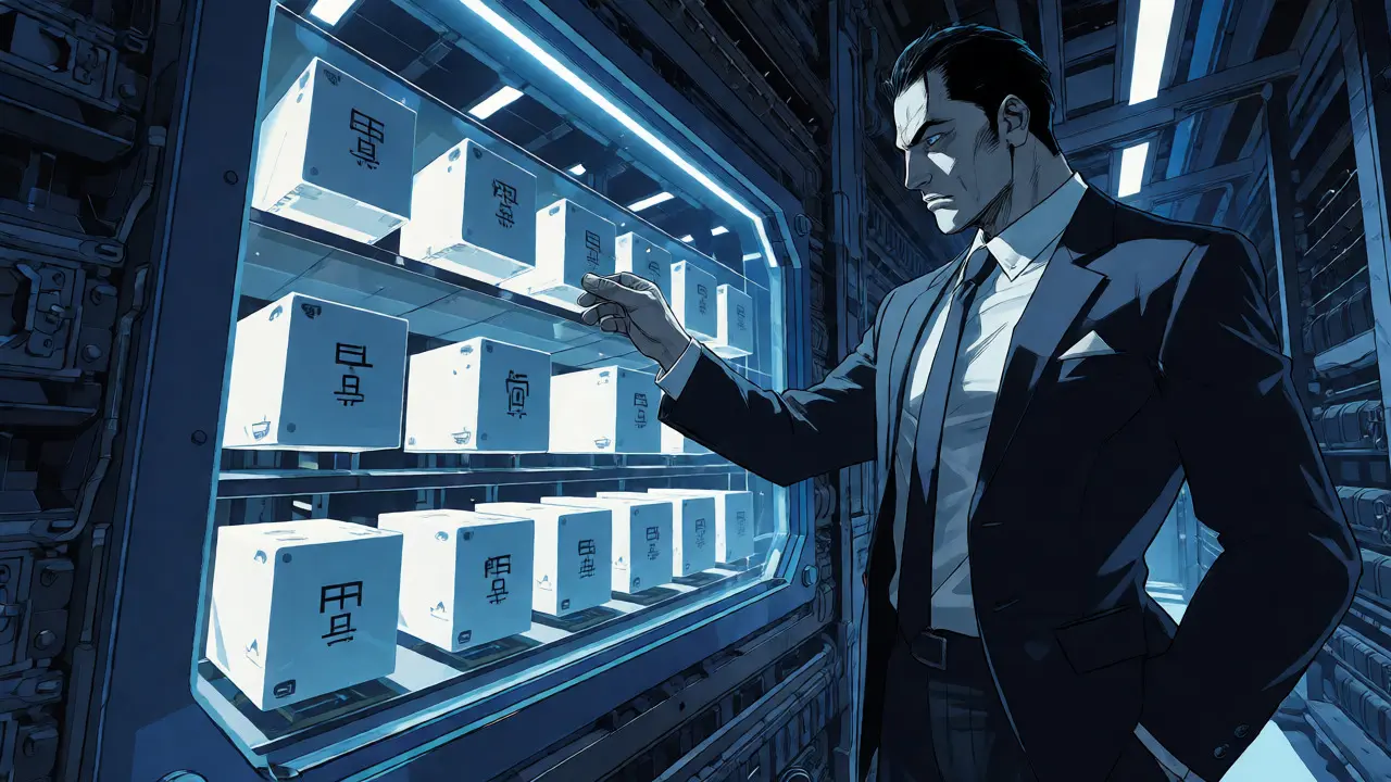 Stern steward organizing glowing cubes in a secure, structured digital vault.