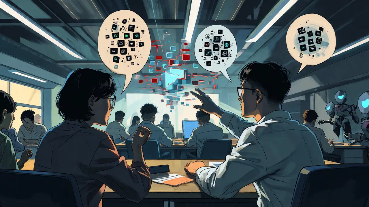 Team collaborating on agile workflow automation in futuristic Gekiga setting