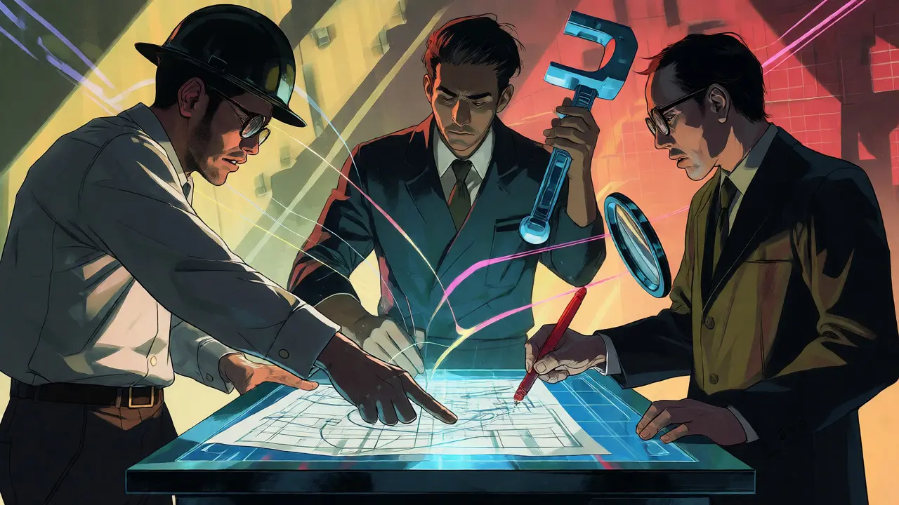Three specialized AI agents collaborating intensely around a shared workspace