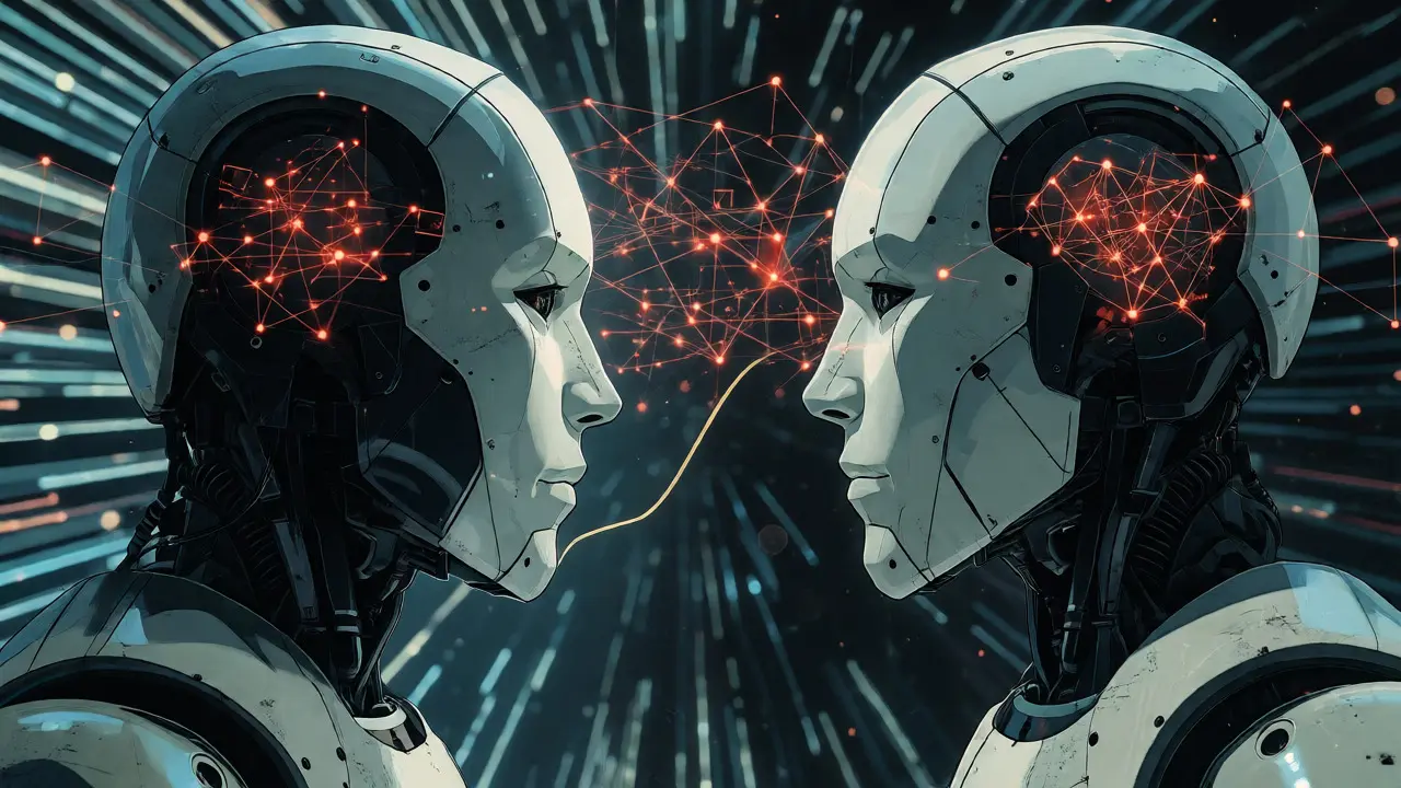 Two agents exchanging data via glowing vector networks in latent space