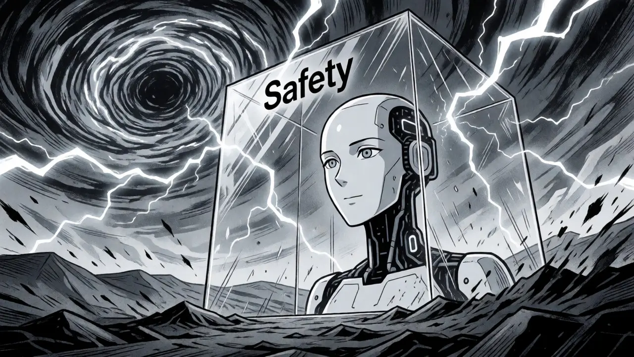 Vulnerable AI inside a glass shield struck by chaotic lightning in a gritty manga style.