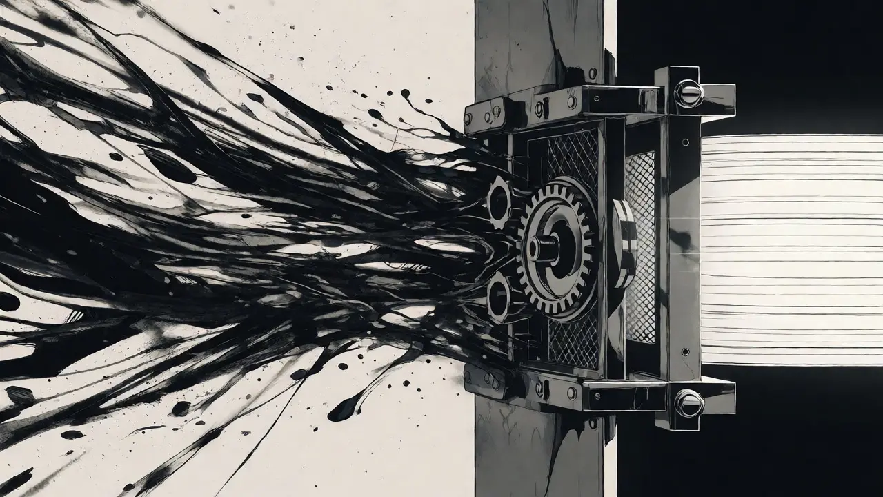 A chaotic ink stream passing through a mechanical filter gate to become a smooth, controlled flow.
