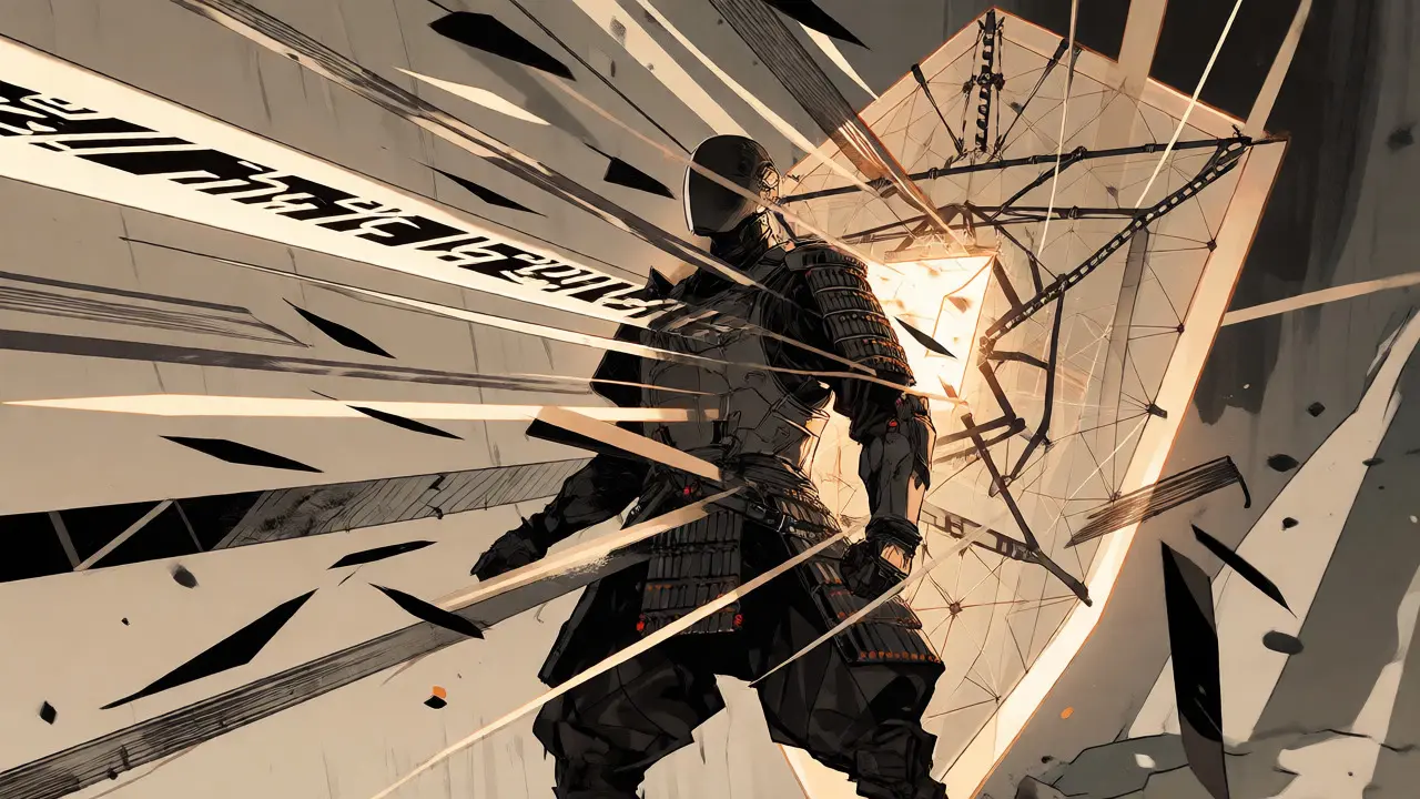 A cybernetic samurai guardian using a geometric wireframe shield to deflect incoming projectile attacks.