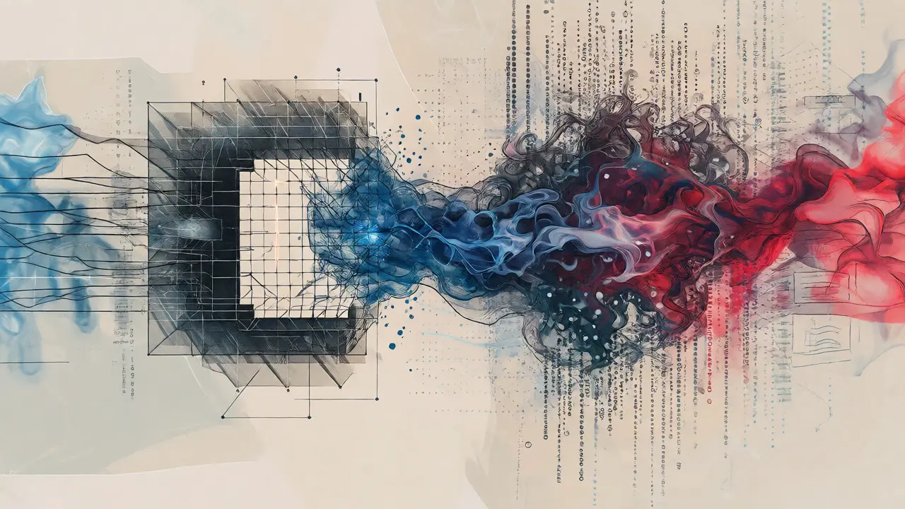 Abstract fusion of geometric logic and fluid data clouds representing hybrid AI.