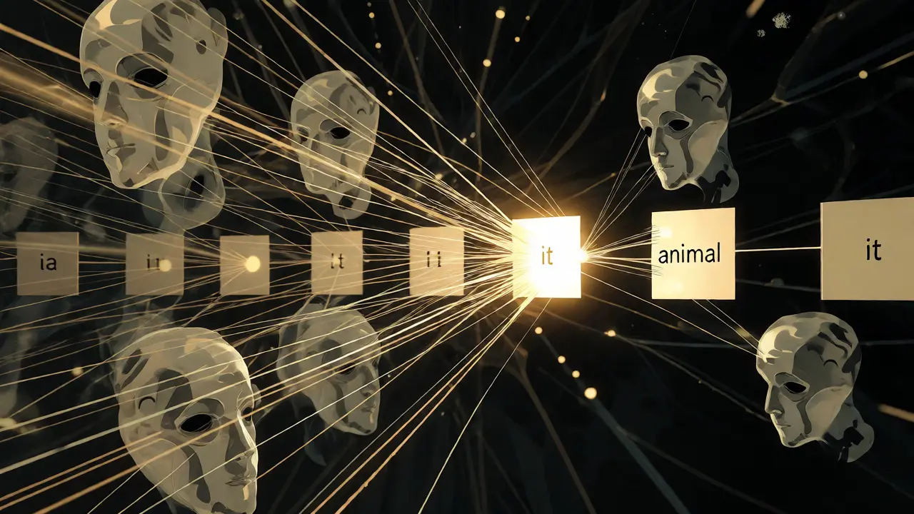 Abstract web of golden threads connecting floating blocks to illustrate attention mechanisms.