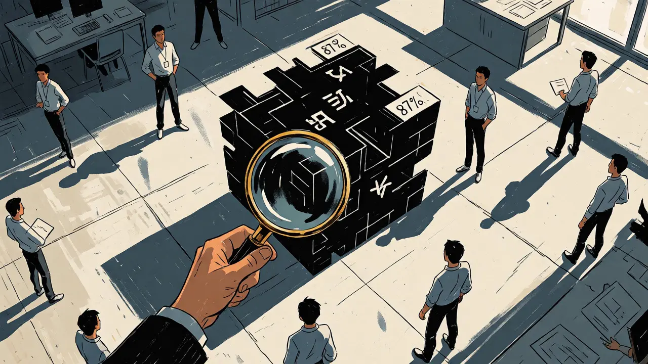 Architect examining a black box while juniors stand on thin ice.