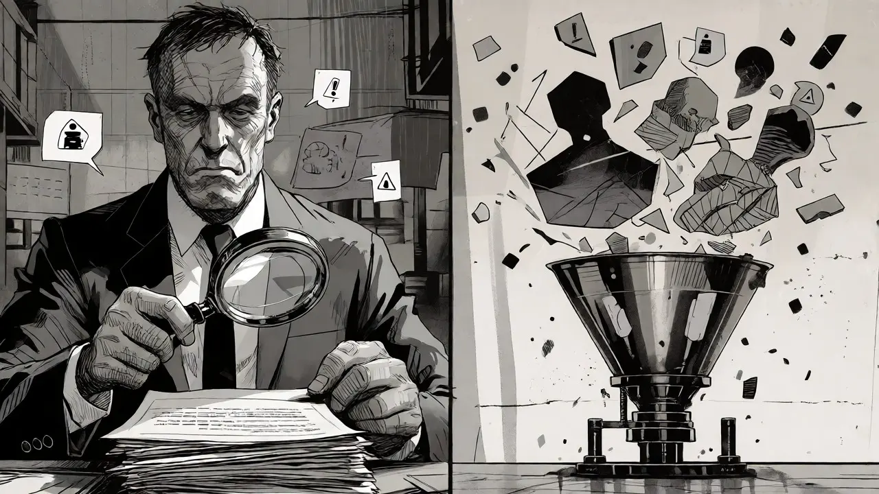 Auditor scrutinizing loan data fragments in a gritty, high-contrast manga scene.