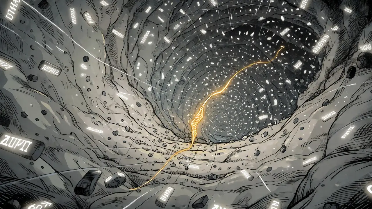 Chaotic stream of data tokens diluting the focus on a single relevant answer.