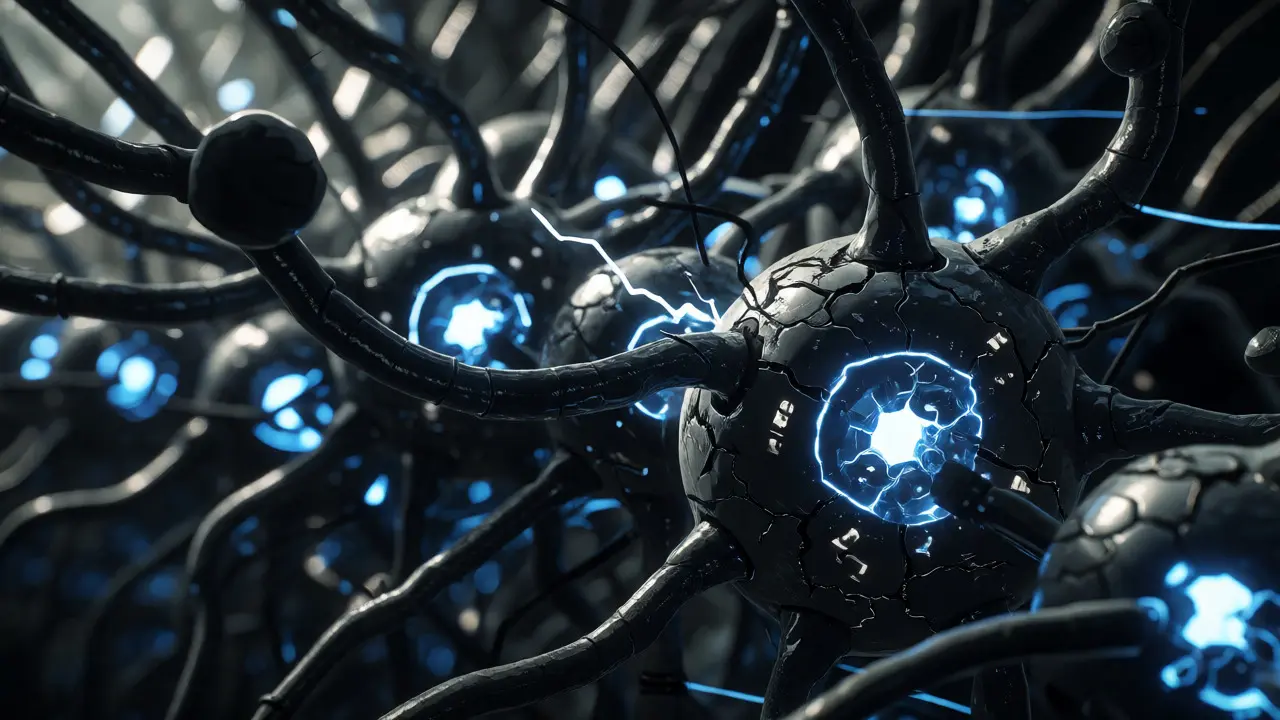 Close-up of neural network nodes pruning low-value tokens in Gekiga art style.