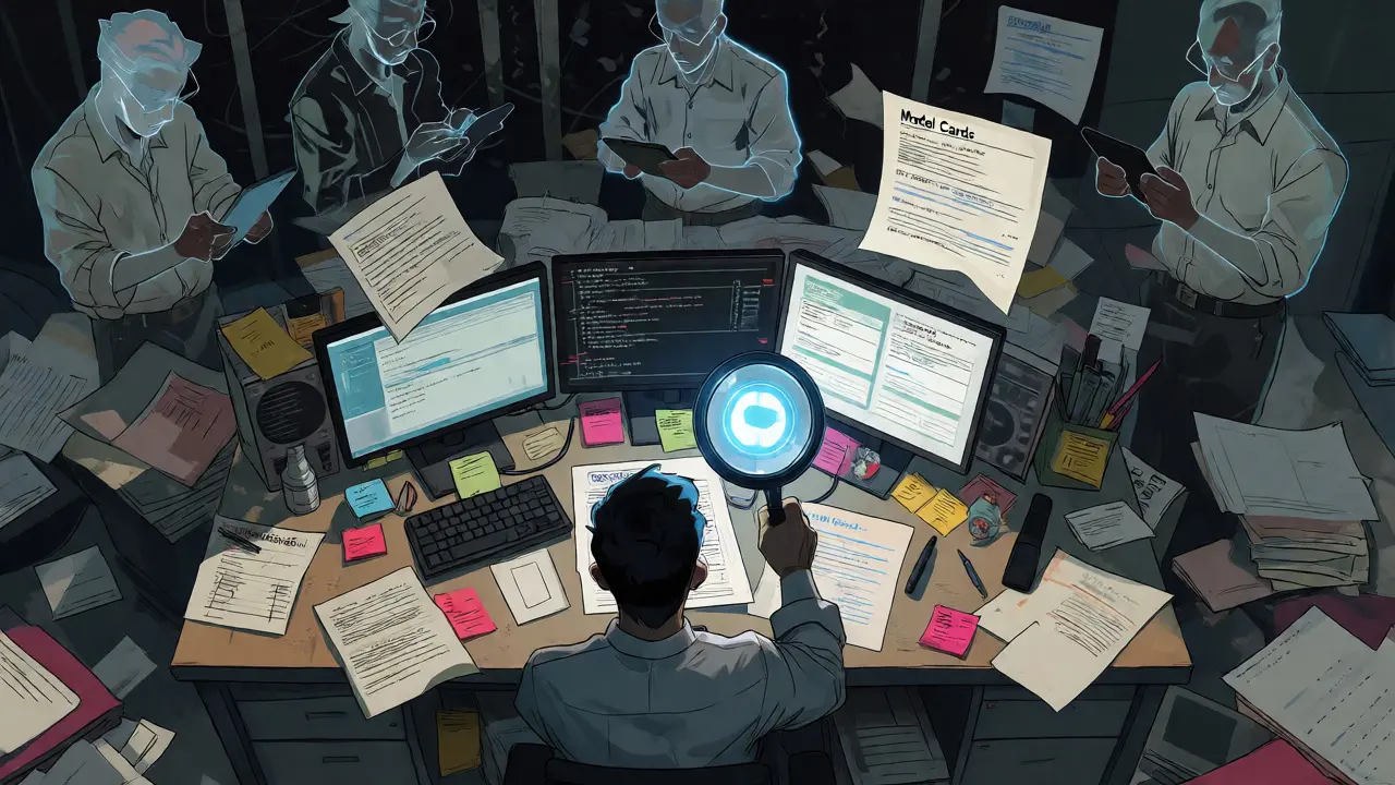 Compliance officer organizing chaotic AI documentation in a gritty manga scene.