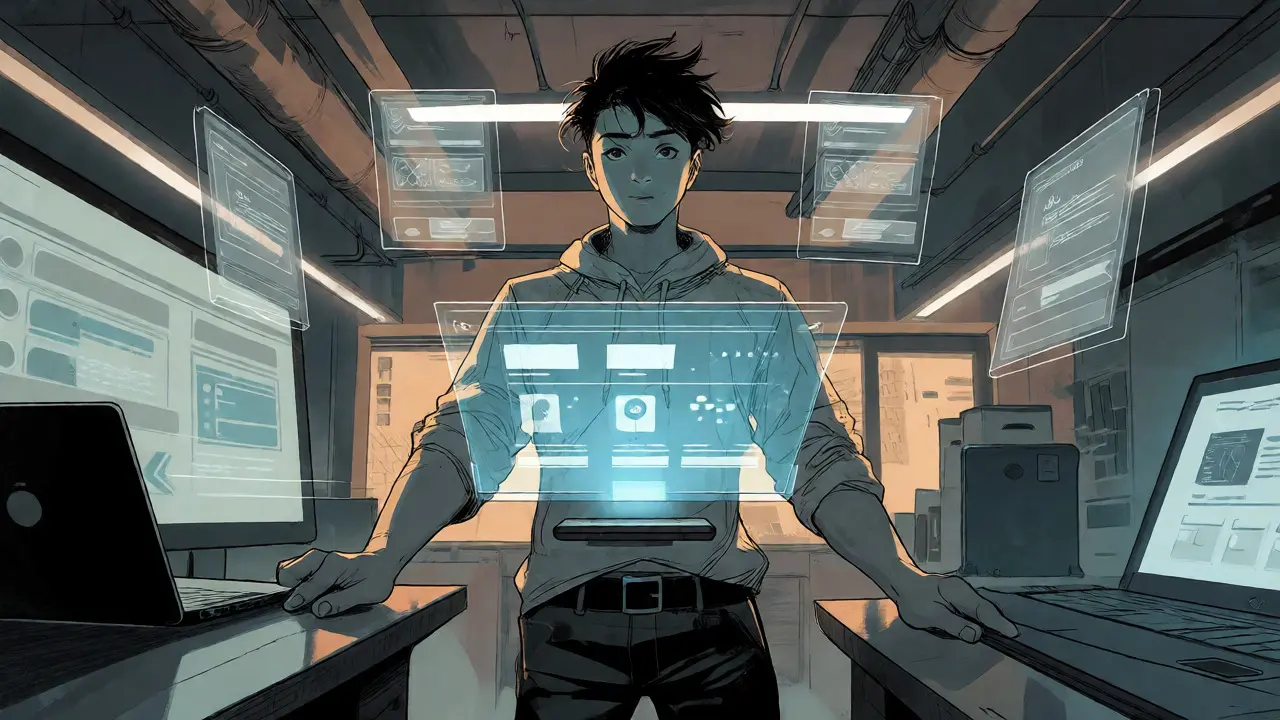 Creator standing before floating app interface