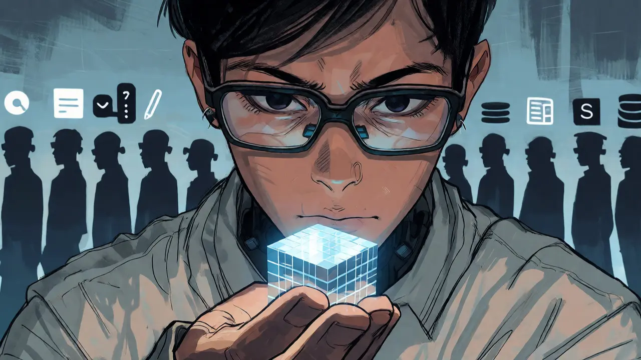 Cybernetic figure holding a glowing JSON cube
