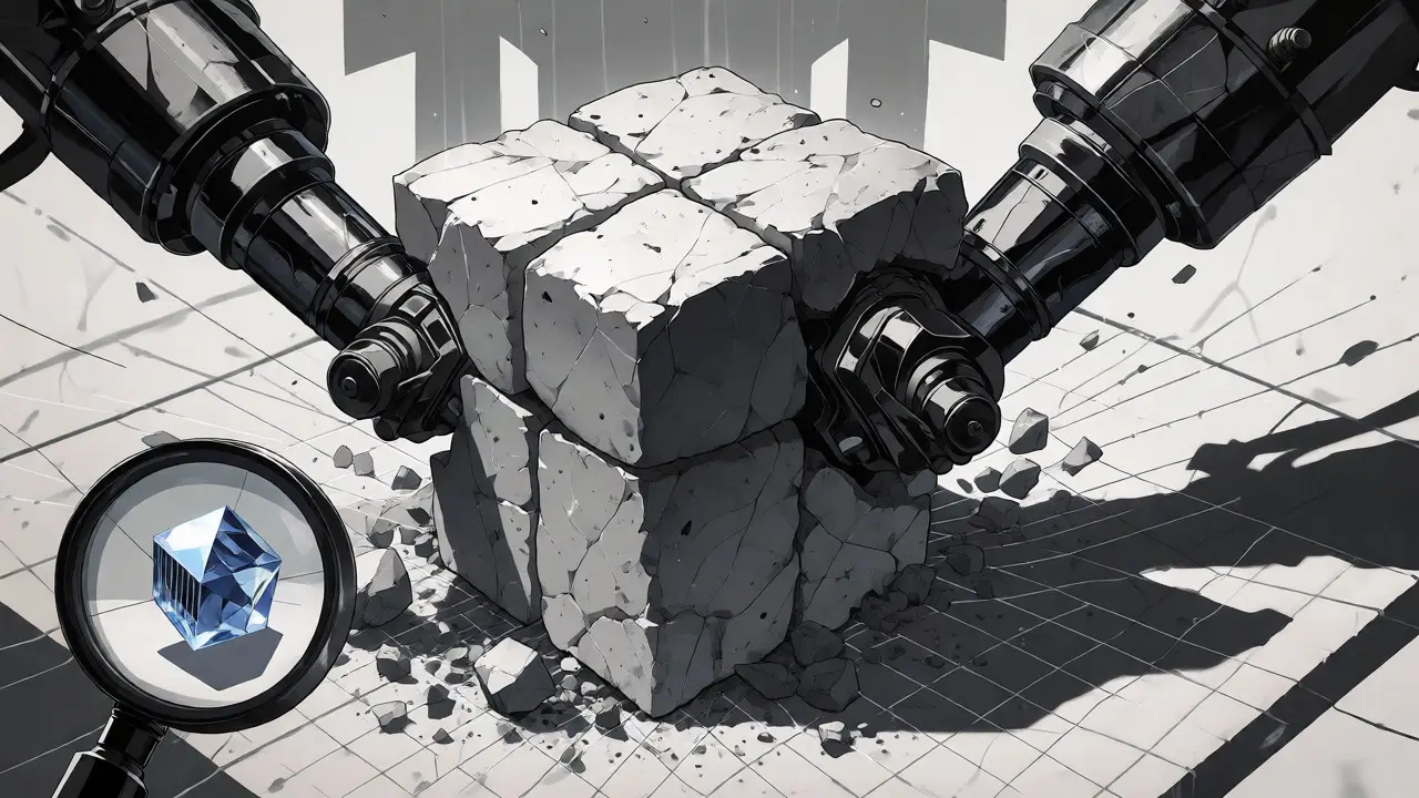 Data compression visualized as stone block shrinking into crystal