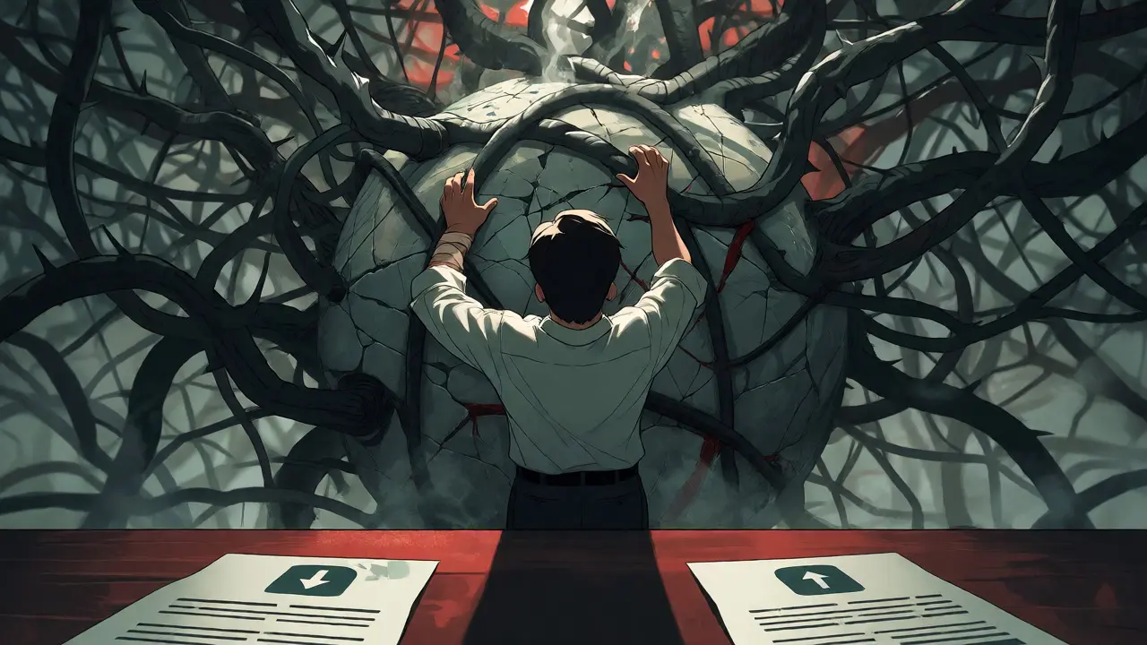 Developer struggling to fix a tangled, smoky neural network representing persistent bias.