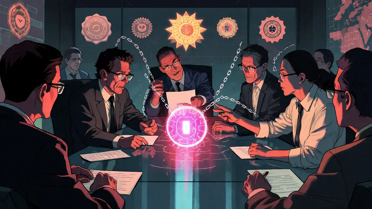 Diverse team debating AI accountability around a glowing model core in a boardroom.