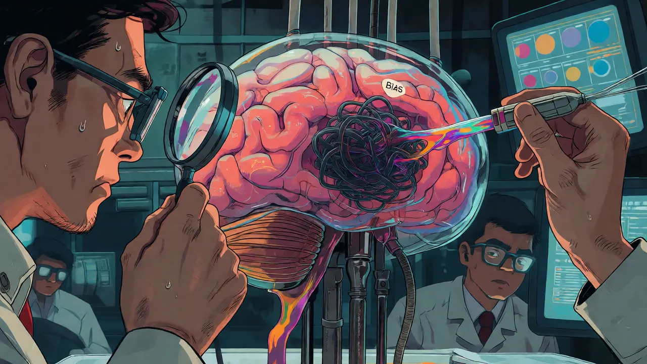 Engineers repairing a biased AI brain core with synthetic data in Gekiga style.