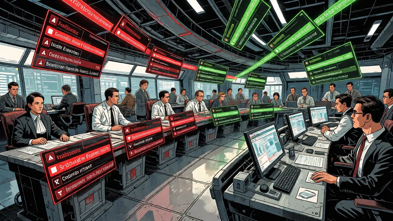 Experts in a tech command center manage AI workflows with automated routing of low-confidence alerts.