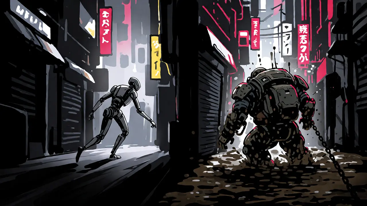 Fast robot vs slow mech in split alleyway Gekiga illustration