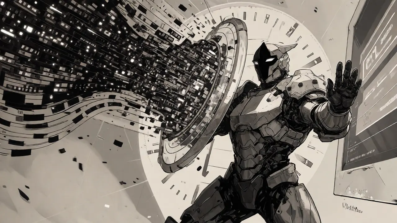 Guardian figure blocking chaotic AI data flow with technical controls.