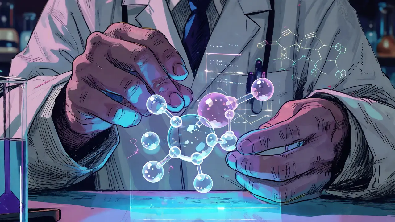 Hands manipulating holographic molecular models in a lab setting.
