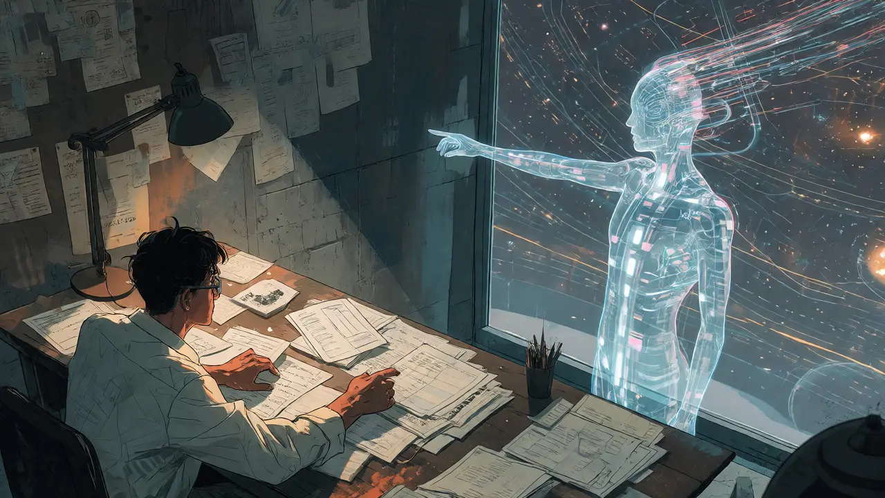Human researcher collaborating with an ethereal AI figure in Gekiga art.
