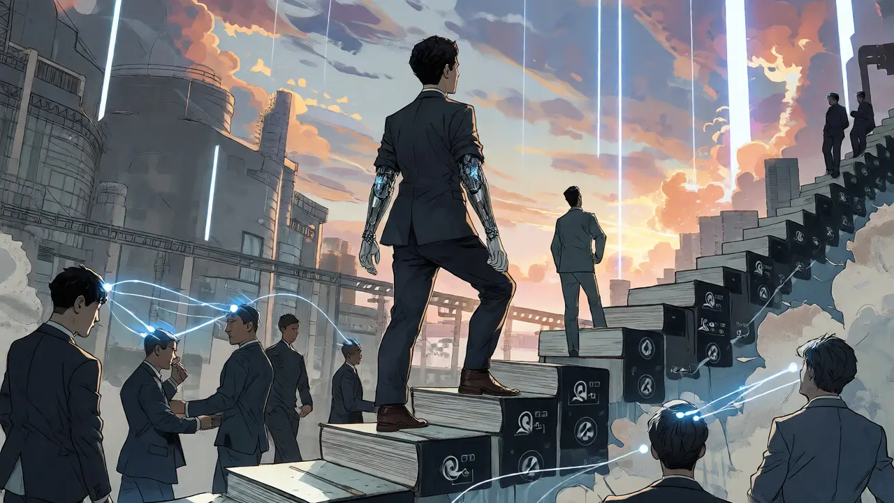 Hybrid worker standing on a staircase of knowledge facing a bright horizon