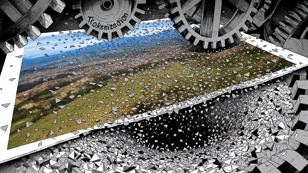 Image shattered into tokens by mechanical gears in Gekiga style