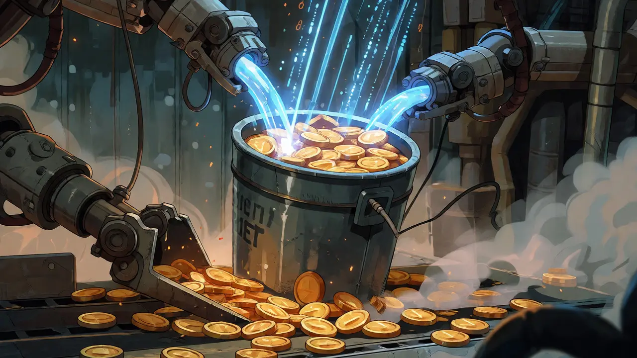 Industrial token bucket filling with data streams, visualizing quota limits and potential overflow.